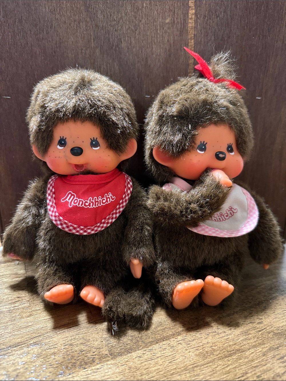 Monchhichi Classic Brown Plush Doll with Red Bib